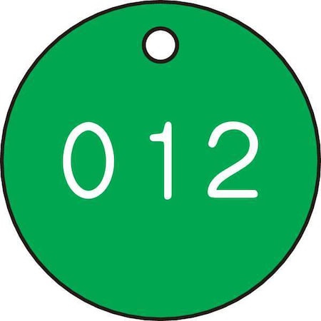 Zoro Select Numbered Tag, Plastic, 1 1/8 in H x 1 1/8 in W, 1 1/8 in Dia., Green/White, Round, 100 PK 22FC58