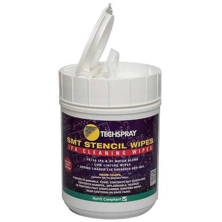 Techspray IPA Cleaning Wipes, Flip Top Tub, PK100 1608-100FL