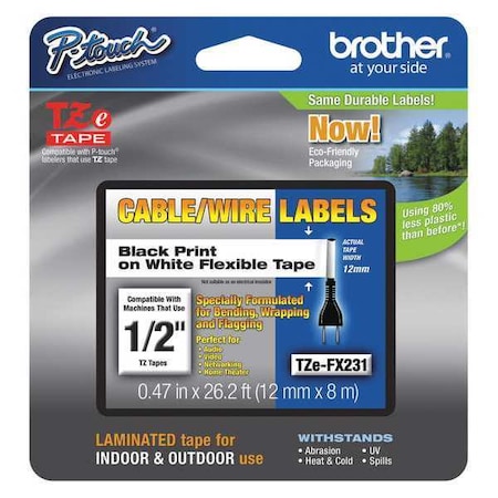 BROTHER Adhesive TZ Tape (R) Cartridge 0.47"x26ft., Black/White TZEFX231