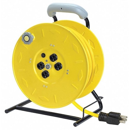 Zoro Select Cord Reel w/ Hand Lamp, Hand Operated, NEMA 5-15P, 12 AWG, Yellow Reel, 100 ft L (Formerly LumaPro) 22M975