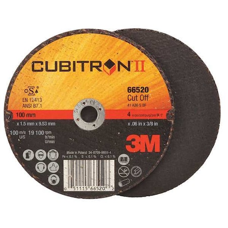 3M Cubitron Abrasive Cut-Off Wheel, Type 1, 4 in Dia, 0.06 in Thick, 3/8 in Arbor Hole Size, Ceramic, 36 Grit 66520