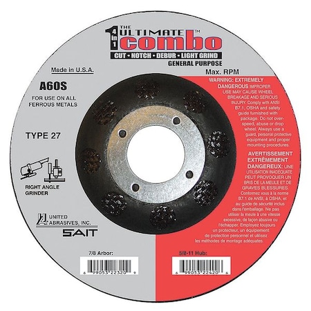 United Abrasives/Sait Depressed Center Cut-Off Wheel, Type 27, 4 1/2 in Dia, 0.095 in Thick, 7/8 in Arbor Hole Size 22320