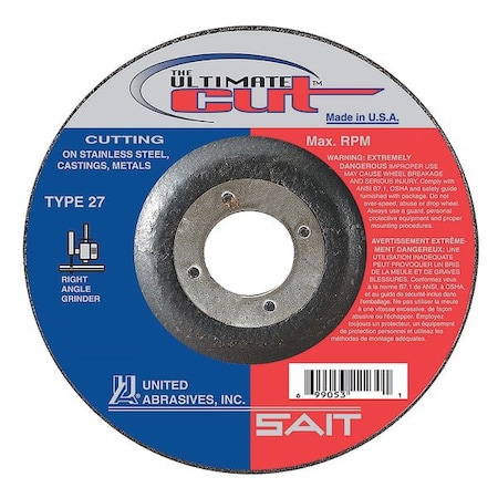 United Abrasives/Sait Depressed Center Cut-Off Wheel, Type 27, 4 1/2 in Dia, 0.045 in Thick, 7/8 in Arbor Hole Size 22380