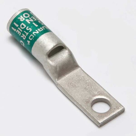 Burndy One-Hole Compression Lug, 1 AWG Max, 1/4 in Stud, Standard Barrel, Copper, Green YA1CLNT14