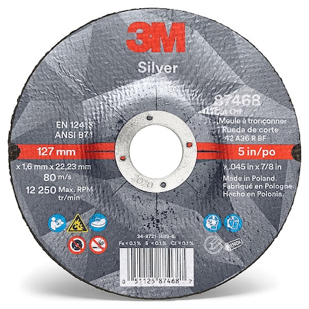 3M Depressed Center Cut-Off Wheel, Type 27, 5 in Dia, 0.045 in Thick, 7/8 in Arbor Hole Size, Ceramic 87468
