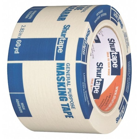 Shurtape Masking Tape, 72 mm W x 55 m L, 4.6 mil Thick, Tan, Rubber Adhesive 104469
