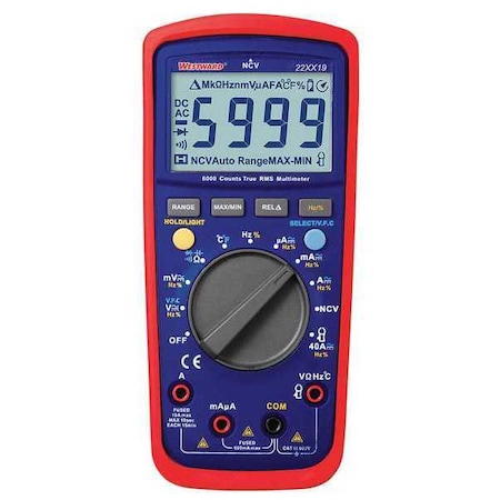 WESTWARD Digital Multimeter, 600 Max. AC Volts, 600 Max. DC Volts, 10 Max. AC Amps, 10 Max. DC Amps 22XX19