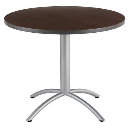 Iceberg CafeWorks Cafe/Breakroom Table, Walnut Top, Silver Frame, 36 in Dia x 30 in H 65624