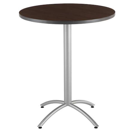 Iceberg CafeWorks Cafe/Breakroom Table, Walnut Top, Silver Frame, 36 in Dia x 42 in H 65664