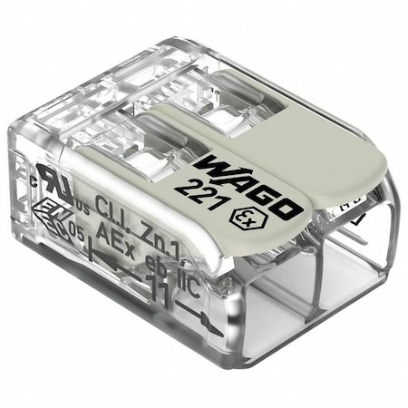Wago Push-In Wire Connector, 12 AWG Max, 2 Port, Gray, Polycarbonate Insulation, 440 V, 20 A 221-482