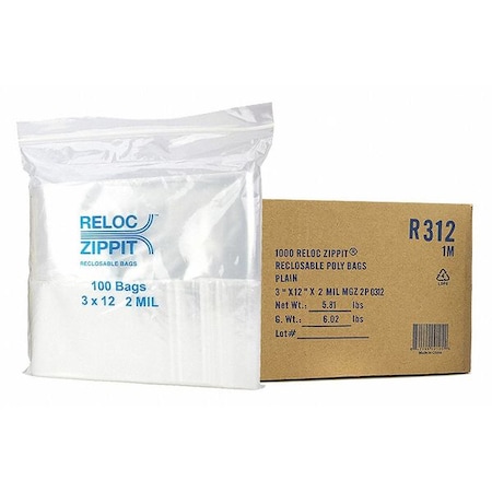 Reloc Zippit Reclosable Bag, 12 L, 3 in W, 2 mil Thick, Polypropylene, Clear R312
