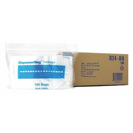 Reloc Zippit Reclosable Bag, 4 L, 3 in W, 2 mil Thick, Polyethylene, Clear R34-HH