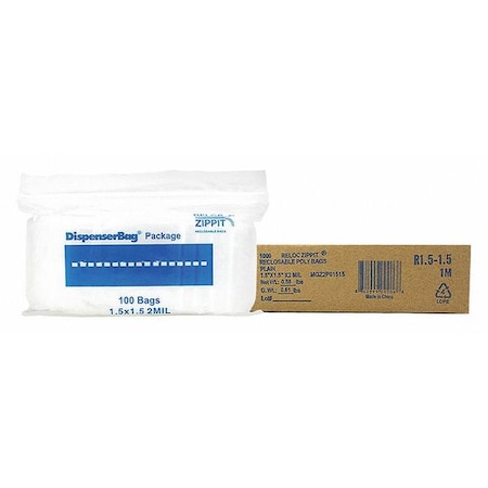 Reloc Zippit Reclosable Bag, 1.5 L, 1 1/2 in W, 2 mil Thick, Polypropylene, Clear R1.5-1.5