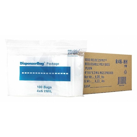 Reloc Zippit Reclosable Bag, 6 L, 4 in W, 2 mil Thick, Polyethylene, Clear R46-HH