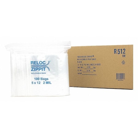 Reloc Zippit Reclosable Bag, 12 L, 5 in W, 2 mil Thick, Polypropylene, Clear R512
