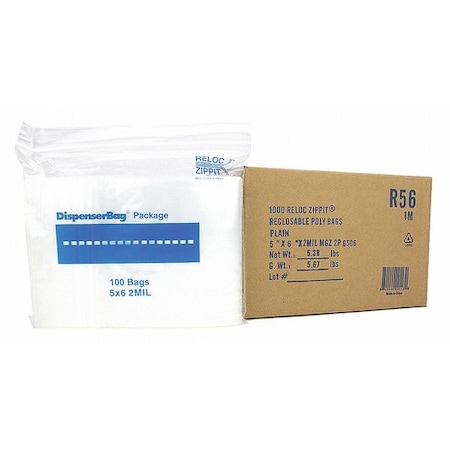 Reloc Zippit Reclosable Bag, 6 L, 5 in W, 2 mil Thick, Polyethylene, Clear R56