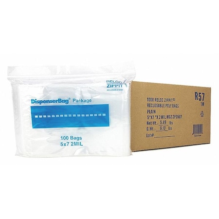 Reloc Zippit Reclosable Bag, 7 L, 5 in W, 2 mil Thick, Polyethylene, Clear R57