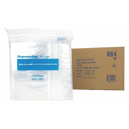 Reloc Zippit Reclosable Bag, 4 L, 6 in W, 2 mil Thick, Polyethylene, Clear R64