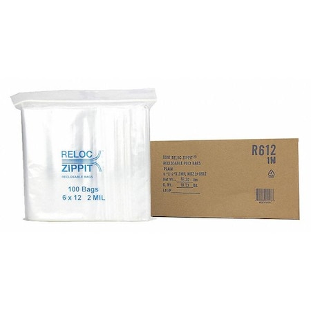 Reloc Zippit Reclosable Bag, 12 L, 6 in W, 2 mil Thick, Polypropylene, Clear R612