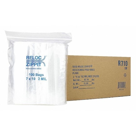 Reloc Zippit Reclosable Bag, 10 L, 7 in W, 2 mil Thick, Polypropylene, Clear R710