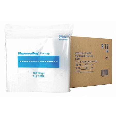 Reloc Zippit Reclosable Bag, 7 L, 7 in W, 2 mil Thick, Polypropylene, Clear R77
