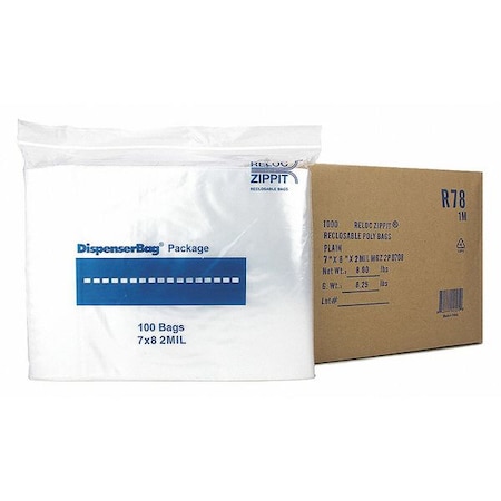 Reloc Zippit Reclosable Bag, 8 L, 7 in W, 2 mil Thick, Polyethylene, Clear R78
