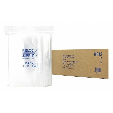 Reloc Zippit Reclosable Bag, 12 L, 8 in W, 2 mil Thick, Polypropylene, Clear R812