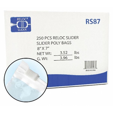 Reloc Zippit Reclosable Bag, 7 L, 8 in W, 2 mil Thick, Polyethylene, Clear RS87