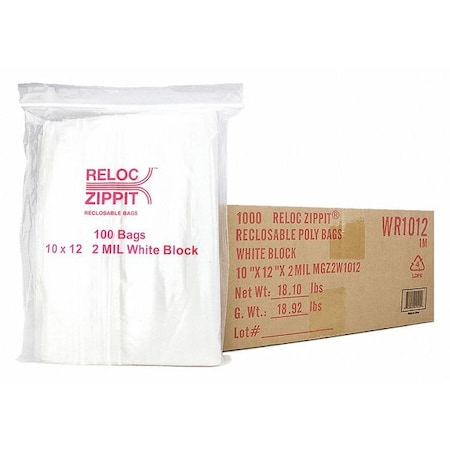 Reloc Zippit Reclosable Bag, 12 L, 10 in W, 2 mil Thick, Polypropylene, Clear WR1012