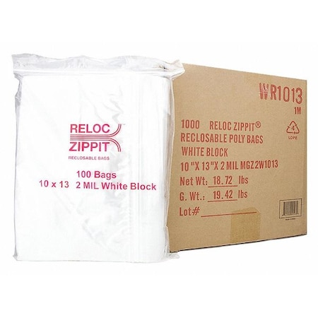 Reloc Zippit Reclosable Bag, 13 L, 10 in W, 2 mil Thick, Polypropylene, Clear WR1013