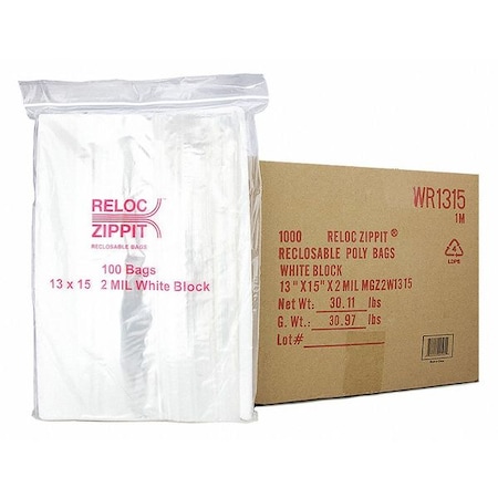 Reloc Zippit Reclosable Bag, 15 L, 13 in W, 2 mil Thick, Polypropylene, Clear WR1315