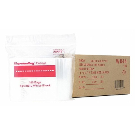 Reloc Zippit Reclosable Bag, 4 L, 4 in W, 2 mil Thick, Polyethylene, Clear WR44
