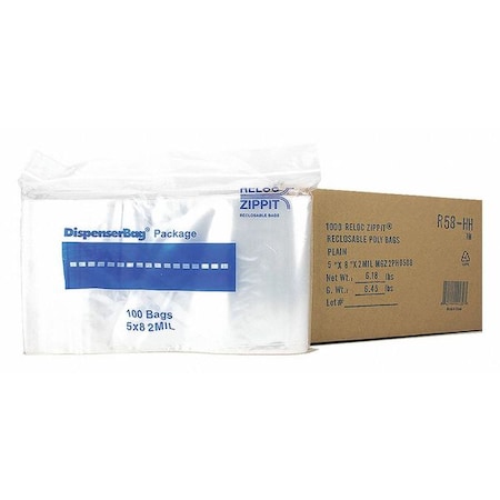 Reloc Zippit Reclosable Bag, 8 L, 5 in W, 2 mil Thick, Polyethylene, Clear R58-HH