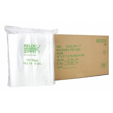 Reloc Zippit Reclosable Bag, 10 L, 10 in W, 4 mil Thick, Polypropylene, Clear 4R1010