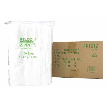 Reloc Zippit Reclosable Bag, 12 L, 12 in W, 4 mil Thick, Polypropylene, Clear 4R1212