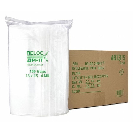 Reloc Zippit Reclosable Bag, 15 L, 13 in W, 4 mil Thick, Polypropylene, Clear 4R1315