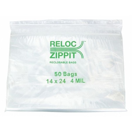 Reloc Zippit Reclosable Bag, 24 L, 14 in W, 4 mil Thick, Polypropylene, Clear 4R1424
