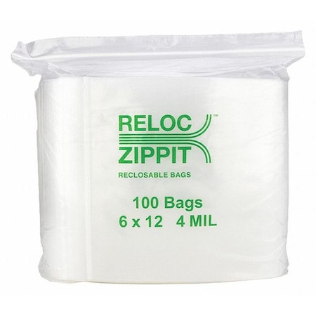 Reloc Zippit Reclosable Bag, 12 L, 6 in W, 4 mil Thick, Polypropylene, Clear 4R612