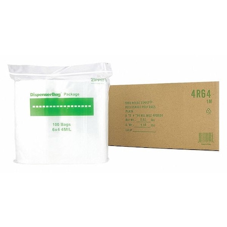 Reloc Zippit Reclosable Bag, 4 L, 4 in W, 4 mil Thick, Polypropylene, Clear 4R64