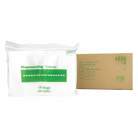 Reloc Zippit Reclosable Bag, 6 L, 6 in W, 4 mil Thick, Polypropylene, Clear 4R66