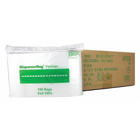 Reloc Zippit Reclosable Bag, 9 L, 6 in W, 4 mil Thick, Polypropylene, Clear 4R69
