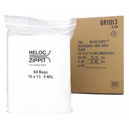 Reloc Zippit Reclosable Bag, 13 L, 10 in W, 6 mil Thick, Polypropylene, Clear 6R1013