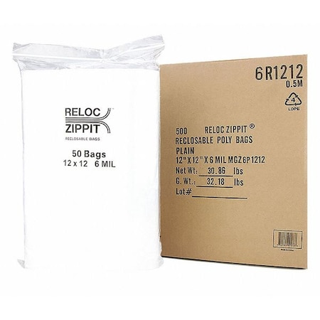 Reloc Zippit Reclosable Bag, 12 L, 4 in W, 6 mil Thick, Polypropylene, Clear 6R1212