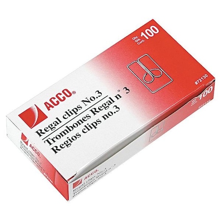 Acco Paper Clip, Silver, Steel Wire, PK100 ACC72130