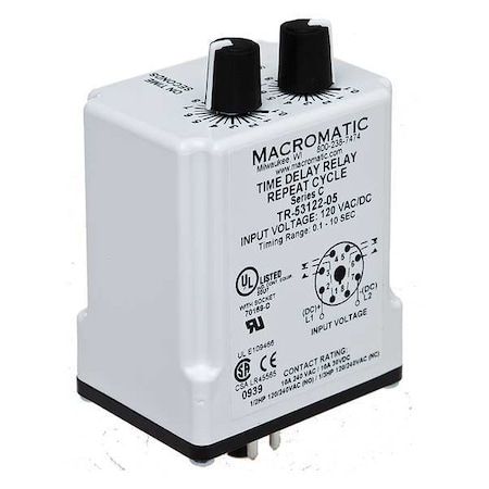 Macromatic Single Function Time Delay Relay, Octal, Cycle On, 1 Functions 24V AC/DC, DPDT TR-55128-10