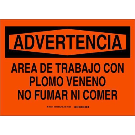 Brady Advertencia, Area De Trabajo Con Plomo Veneno No Fumar Ni Comer, 14 in W x 10 in H, Rectangle 38792