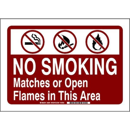 Brady No Smoking Sign, 10" H, 14 in W, Rectangle, English, 36091 36091