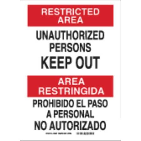 Brady Safety Sign, 14 in Height, 10 in Width, Plastic, Rectangle, English, Spanish 38616