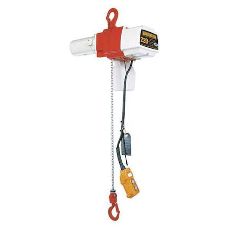 Harrington Electric Chain Hoist, 220 lb, 15 ft, Hook Mounted - No Trolley, 120V AC, White and Orange ED220DS-15