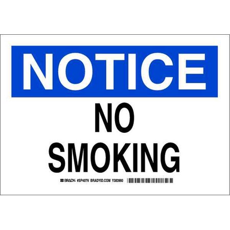 Brady No Smoking Sign, 10" H, 14 in W, Plastic, Rectangle, English, SP407N SP407N